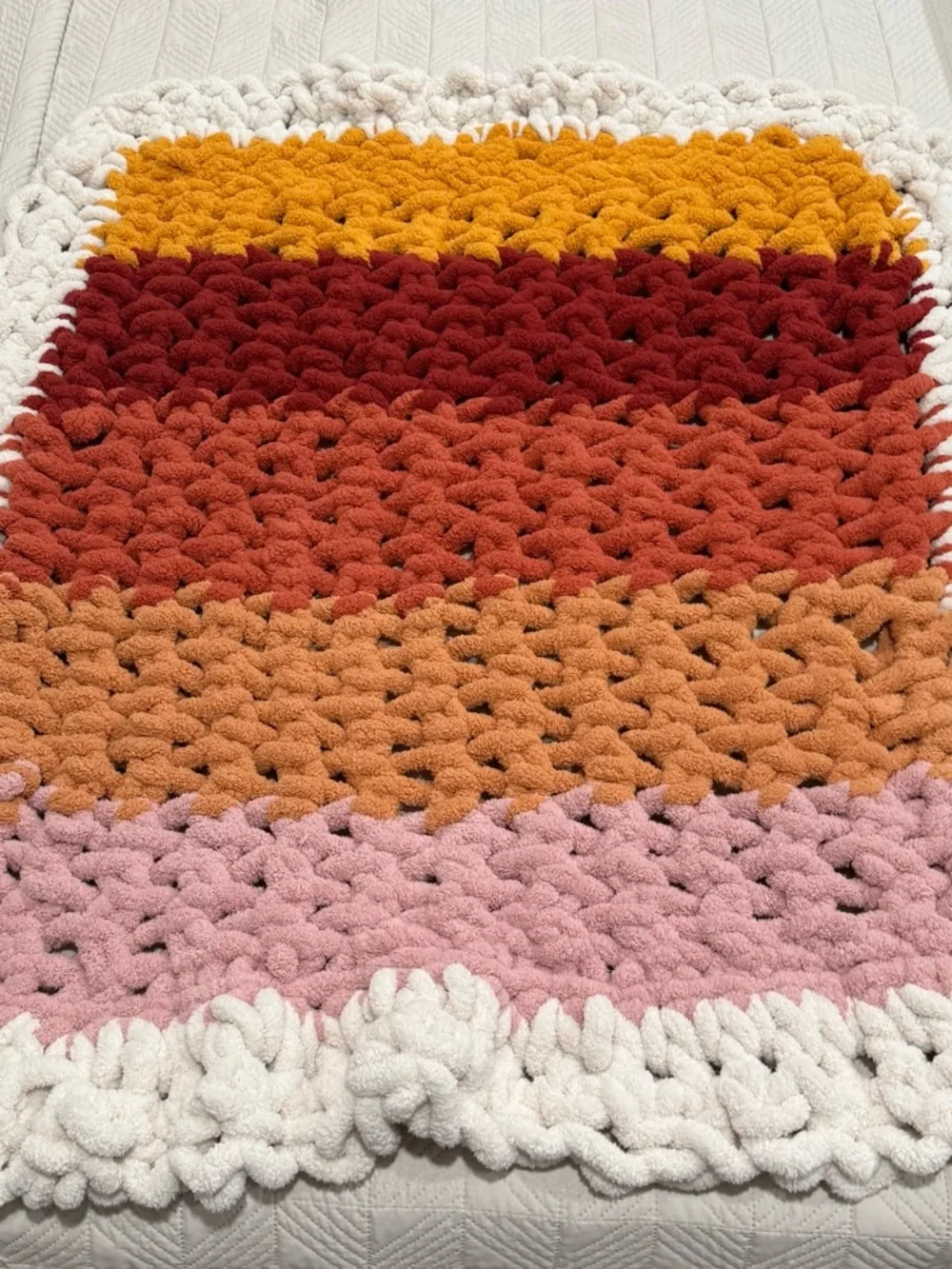 Handmade Chunky Knit Sunset Colors Stripe White Border Throw/Lap Blanket 47”x38”